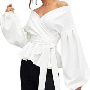 White Puff Sleeve Wrap Dressy Blouse, Size 8/10